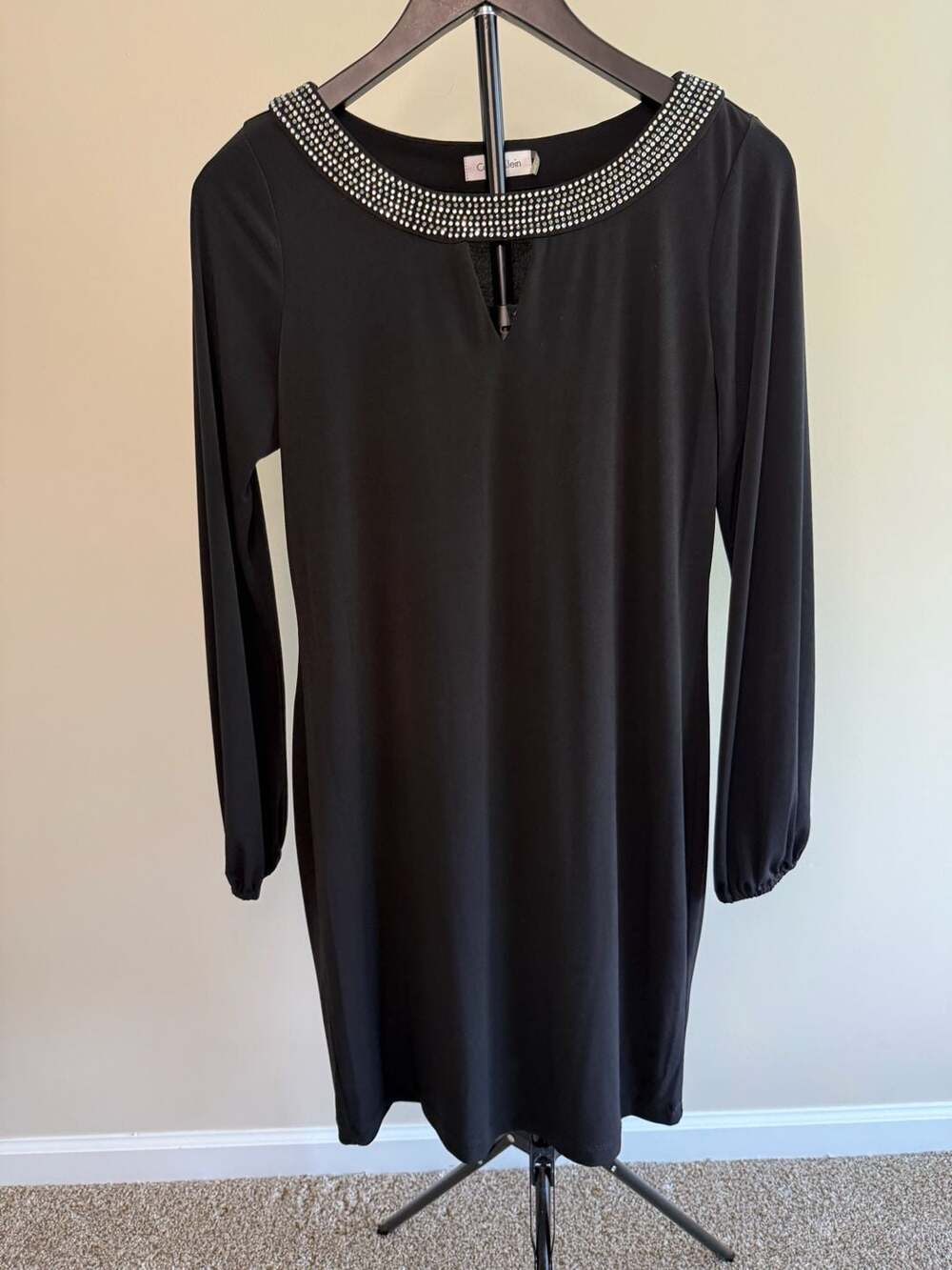 Calvin Klein‎  Black Long Sleeve Dress with Rhinestone Collar and Keyhole Detail